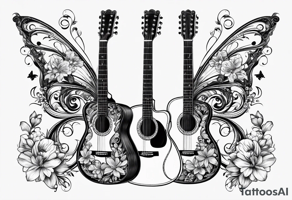 Guitar in shape of treble clef with flowers growing off the side, butterflies, small tattoo idea