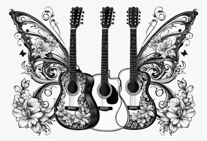 Guitar in shape of treble clef with flowers growing off the side, butterflies, small tattoo idea