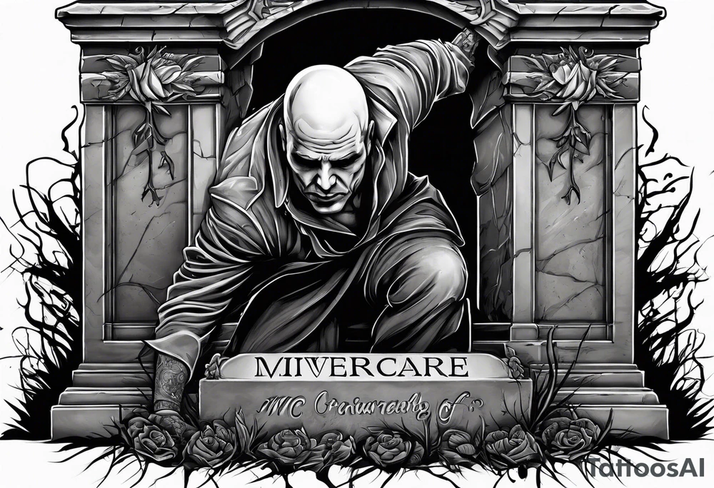 Man crawling out of grave. 
MIW Reincarnate written on gravestone tattoo idea