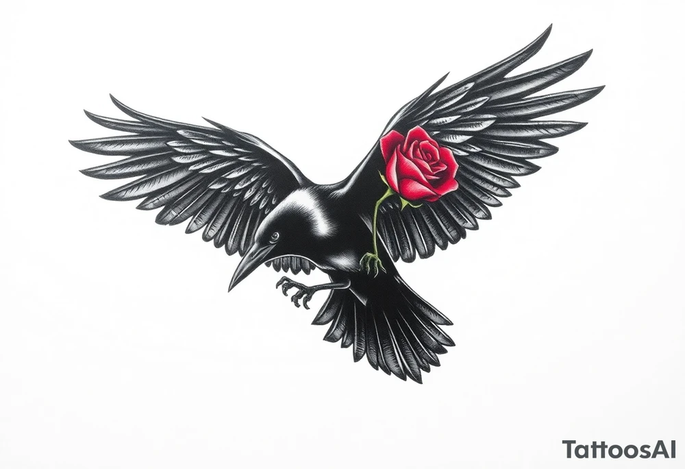 A black crow soaring symmetrically gracefully with its wings fully extended, each feather intricately detailed to capture a sense of movement and depth. In its talons, it gently carries a vibrant red rose, its petals vivid and delicate. The composition blends realism with deep symbolism, representing strength, transformation, and the enduring connection between life, resilience, and the unseen forces that guide and protect. The concept is on a crisp white background. tattoo idea