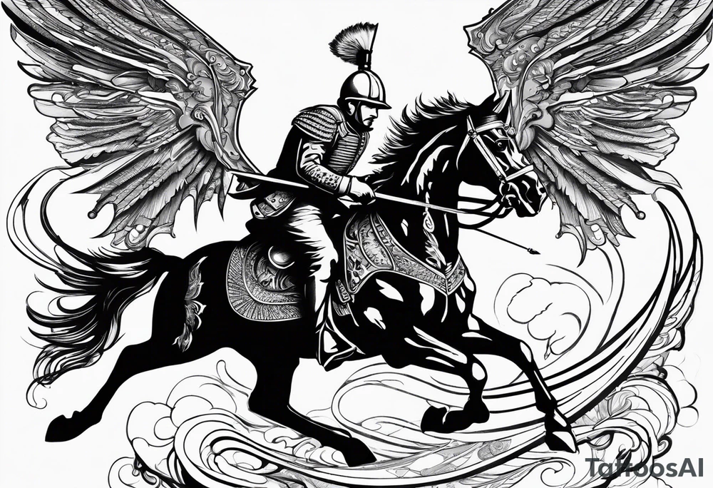 Polish Hussar Cavalry Soldier Rushing towards enemy, wings turned into dragon wings, charging with a spear that breaths fire tattoo idea