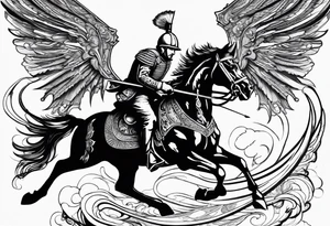 Polish Hussar Cavalry Soldier Rushing towards enemy, wings turned into dragon wings, charging with a spear that breaths fire tattoo idea