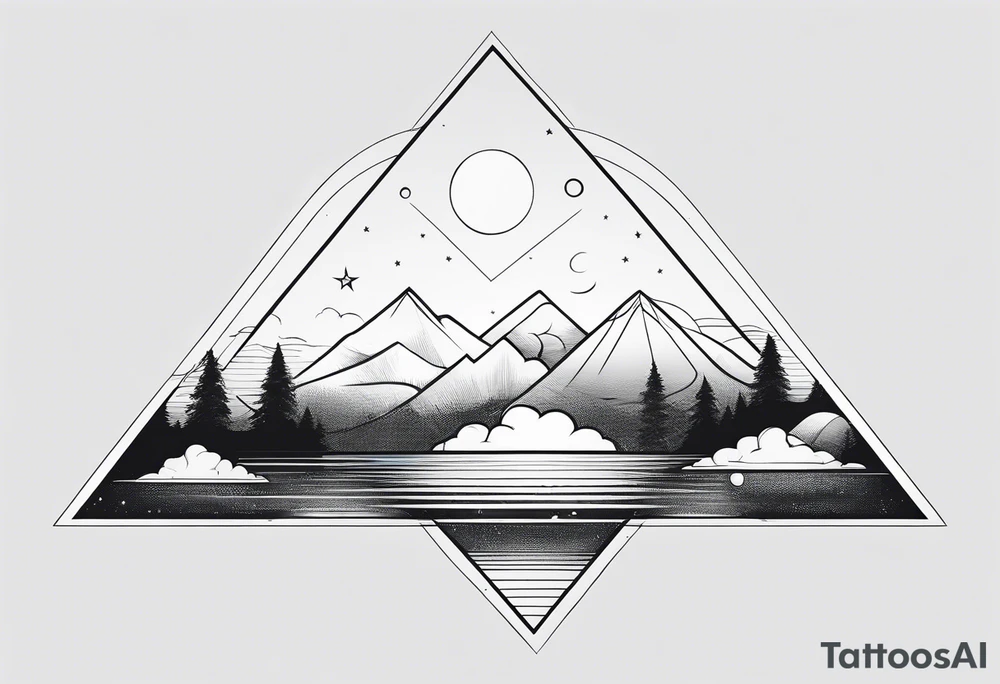 minimal thick line art of space and nature in triangle shape tattoo idea