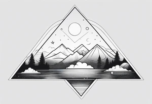 minimal thick line art of space and nature in triangle shape tattoo idea