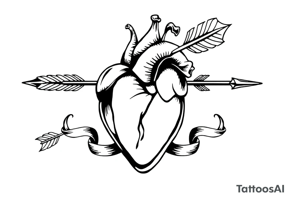 anatomical heart pierced by ornate arrow with flowing ribbons tattoo idea