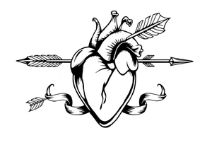 anatomical heart pierced by ornate arrow with flowing ribbons tattoo idea
