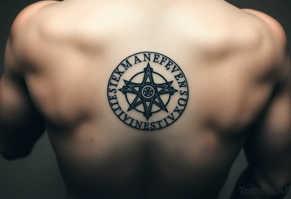 satanic cross and ancient runes with Latin words on back of hand in a circle format tattoo idea