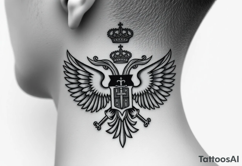 St. George, 3 russian imperial crowns above the Russian coat of arms double eagle and above sitting in its wingspan have a Russian sabre, Kremlin or St. Basil's Cathedral scene  on the side of my neck tattoo idea