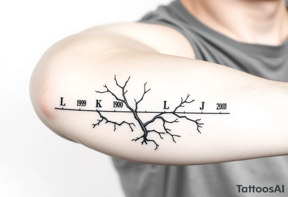 Design it like this please 
          1957 <3 
    .......................
    1980   1989   1998   2000
     L          E          K          J
For above arm crease 
Mum on top
And kids under like a family tree timeline thing tattoo idea