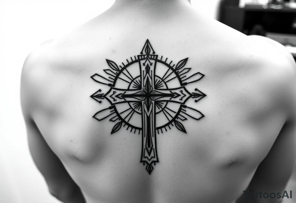 christian cross, surrounded by geometrics ornaments tattoo idea