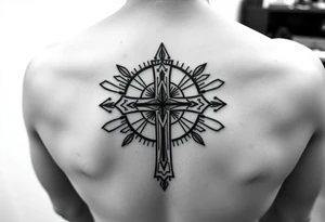 christian cross, surrounded by geometrics ornaments tattoo idea
