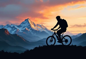 A silhouette of a bicycle rider in front of a mountain landscape, with warm oranges and reds in the sky, symbolizing exploration and adventure. tattoo idea