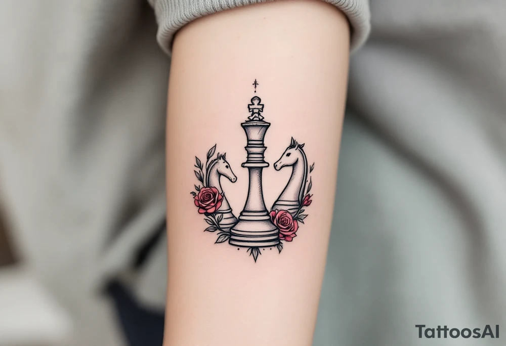 A fine-line black and gray tattoo of a chess king and queen piece intertwined with red roses. tattoo idea