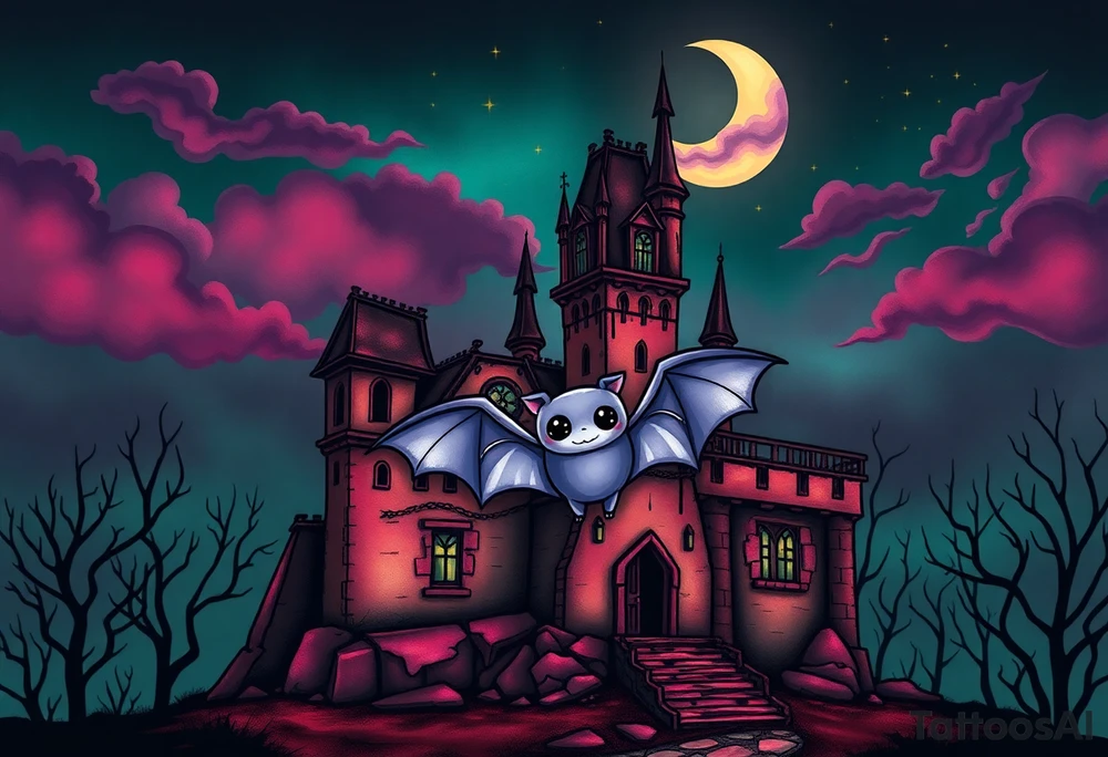 Tim Burton’s haunted castle is abandoned and dripping with muted reds, dusty pinks, and eerie green glow.purple and cyan smokey clouds swirl in the crescent moonlit sky thats sprinkled with stars under the castle an adotable kawaii bat spreads its wings tattoo idea tattoo idea