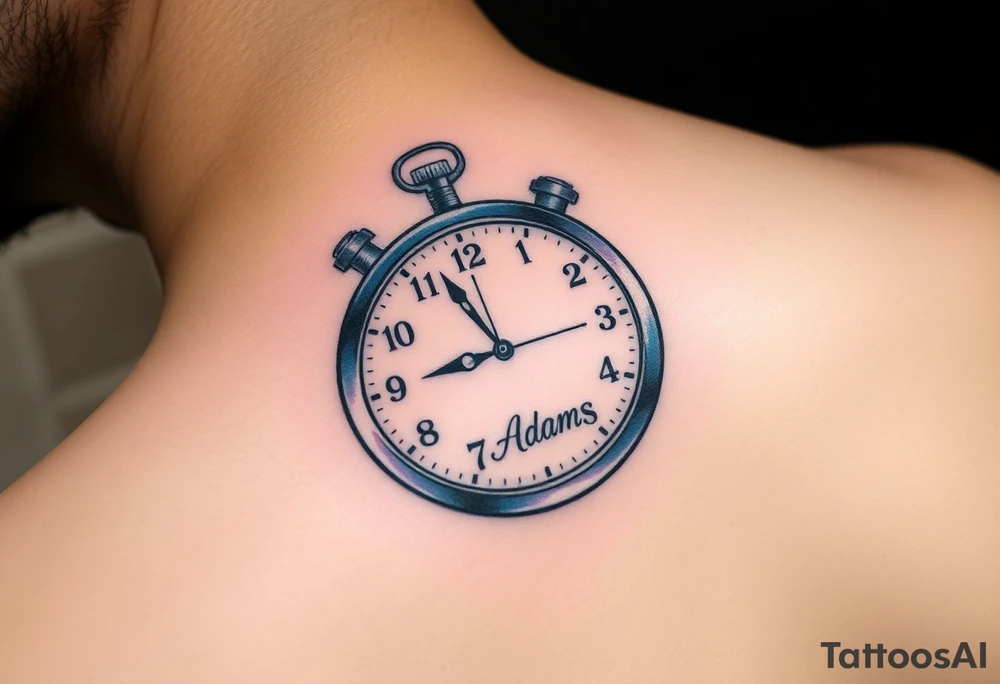 A stopwatch clock, which contains the child’s name "AdamL and birth date "03. 06. 2020", in blue, purple, and silver tattoo idea