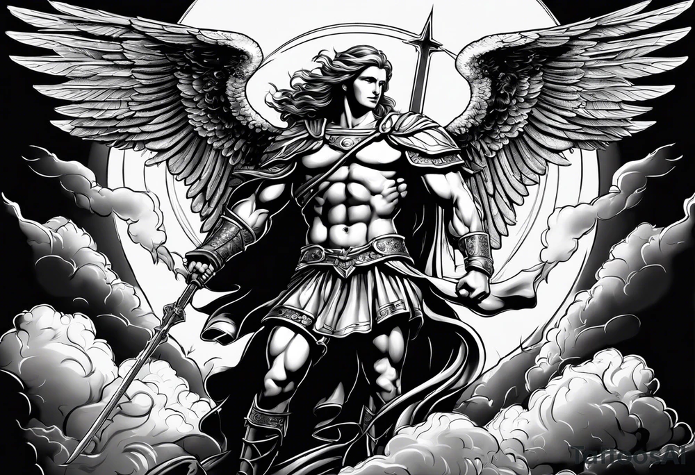 Michael the Archangel standing over the devil. Clouds and lightning in background. tattoo idea Michael the Archangel standing over the devil. Clouds and lightning in background. tattoo idea