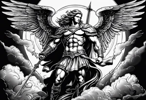Michael the Archangel standing over the devil.  Clouds and lightning in background. tattoo idea