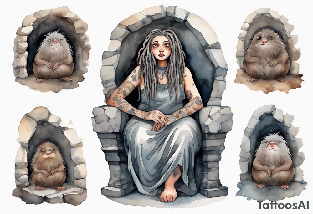 a solitary plump mole woman with large round eyes, covered in grey fur with messy brown dreadlocks sitting in stone throne in a cave tattoo idea