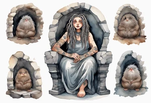 a solitary plump mole woman with large round eyes, covered in grey fur with messy brown dreadlocks sitting in stone throne in a cave tattoo idea