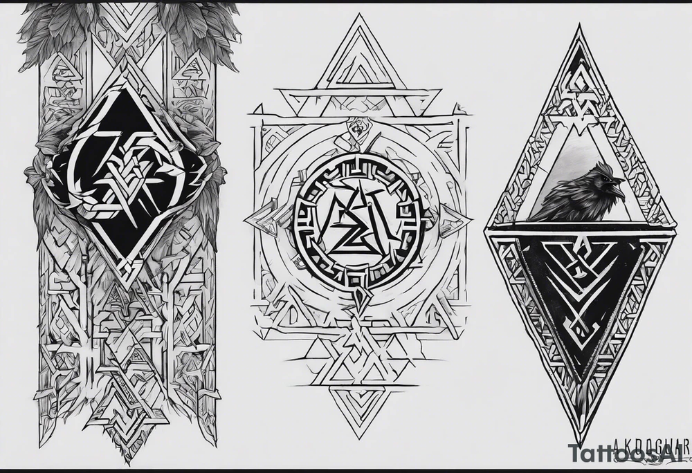 sketch of a chain surrounding the forearm with the following silhouettes: Yggdrasil and Vegvisir, Valknut, the crows of Odin, a reference to the 9 worlds and runes:
Uruz (ᚢ) The Uruz
Raido (ᚱ) The Raido
Gebo (ᚷ) The World
Perthro (ᛈ)
Elhaz (ᛉ) The Great One
Laguz (ᛚ) The Laguz tattoo idea