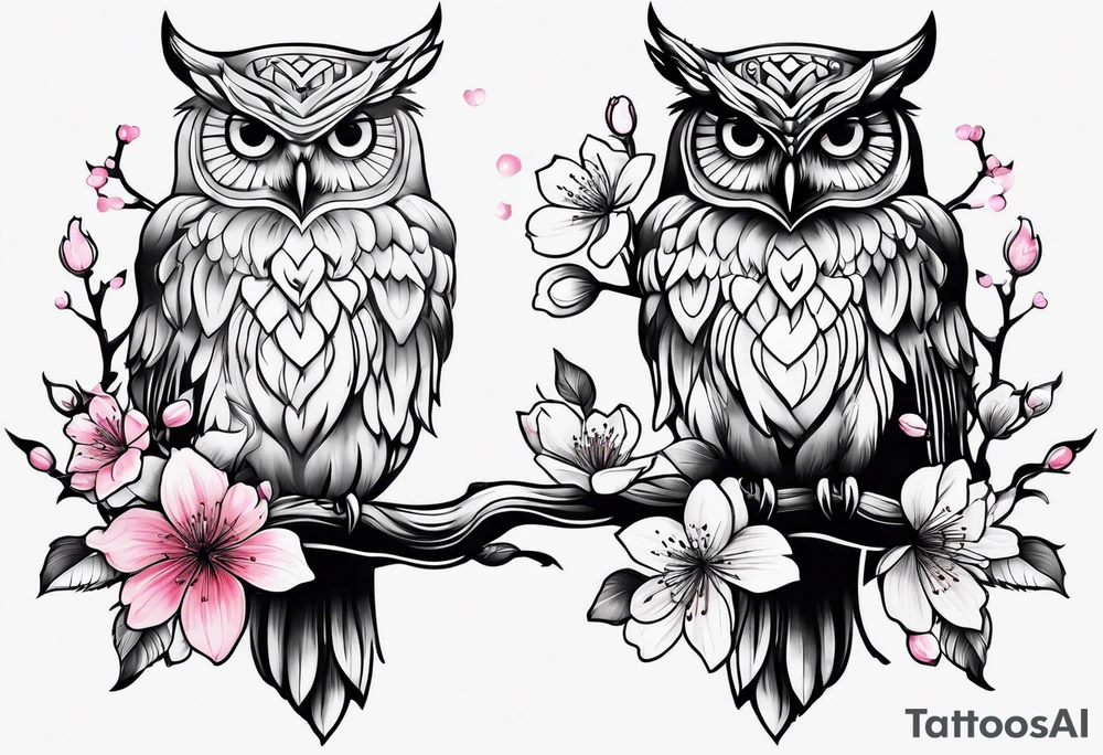 Owl and cherry blossoms tattoo idea