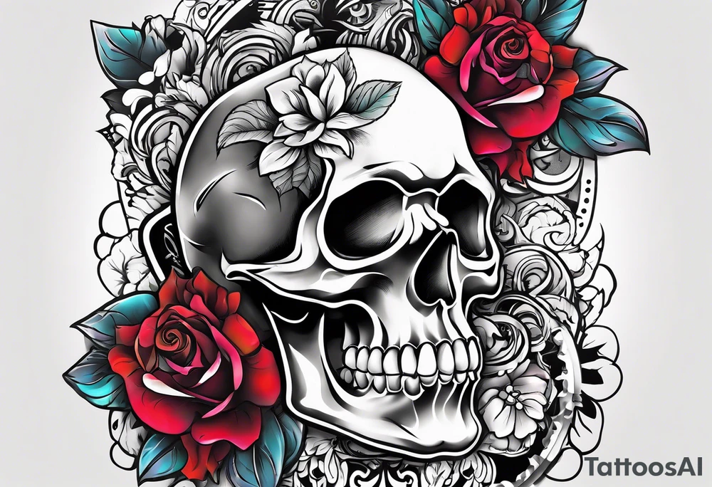 neck tattoo stencil about pain and struggle in new school or polka trash style with flowers and/or skulls tattoo idea