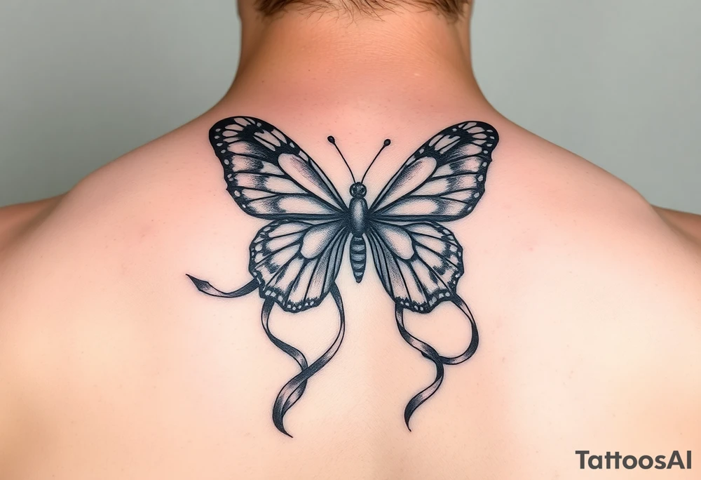 ethereal butterfly with flowing silk ribbons in moonlight tattoo idea
