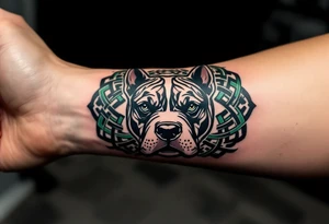 Celtic Stafford – A Staffordshire Bull Terrier head surrounded by intricate Celtic knots in dark green and black, symbolizing protection and heritage. tattoo idea