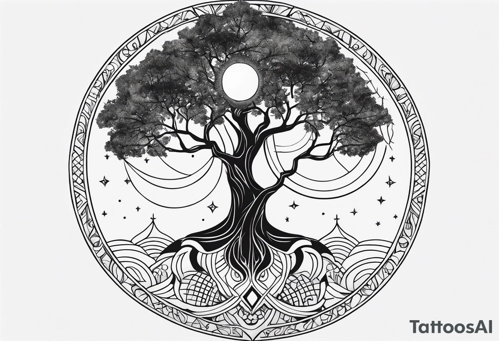 spiritual feminine tattoo for sleeve without faces, just sun and moon, tree of life and powerful symbols tattoo idea