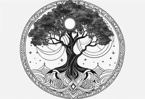 spiritual feminine tattoo for sleeve without faces, just sun and moon, tree of life and powerful symbols tattoo idea