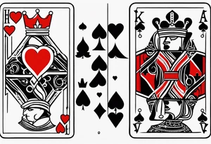 one combined tatto in minimalistic style with icon style three king of spades and icon style one queen of hearts. extreme minimalstic and few lines. much more minimalistic and fewer lines tattoo idea