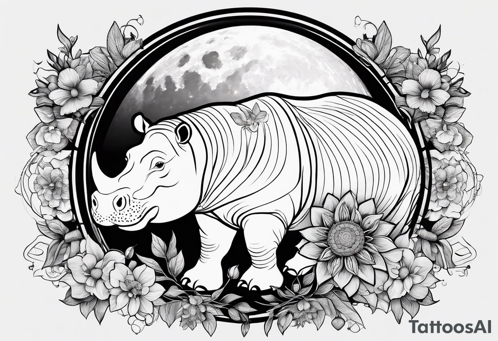 Hippo, flowers, moon, interstella, artic surreal,
Extreme fine lines, tribal, geometric, japanese, artistic tattoo idea