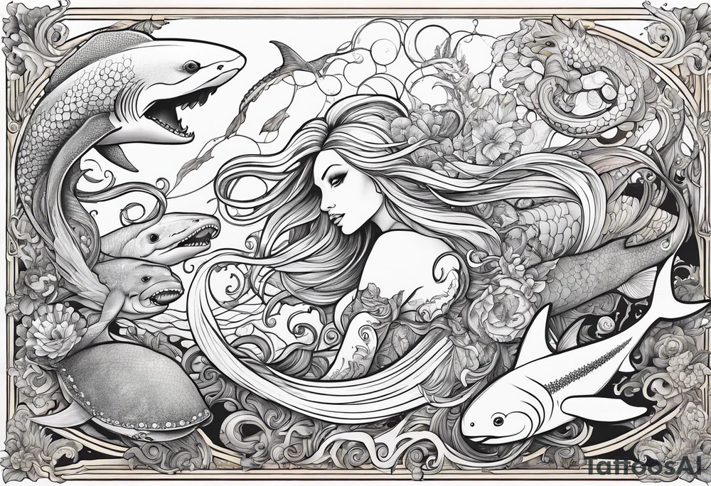 blond mermaid, giant octopus, sharks and turtles tattoo idea