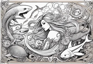 blond mermaid, giant octopus, sharks and turtles tattoo idea