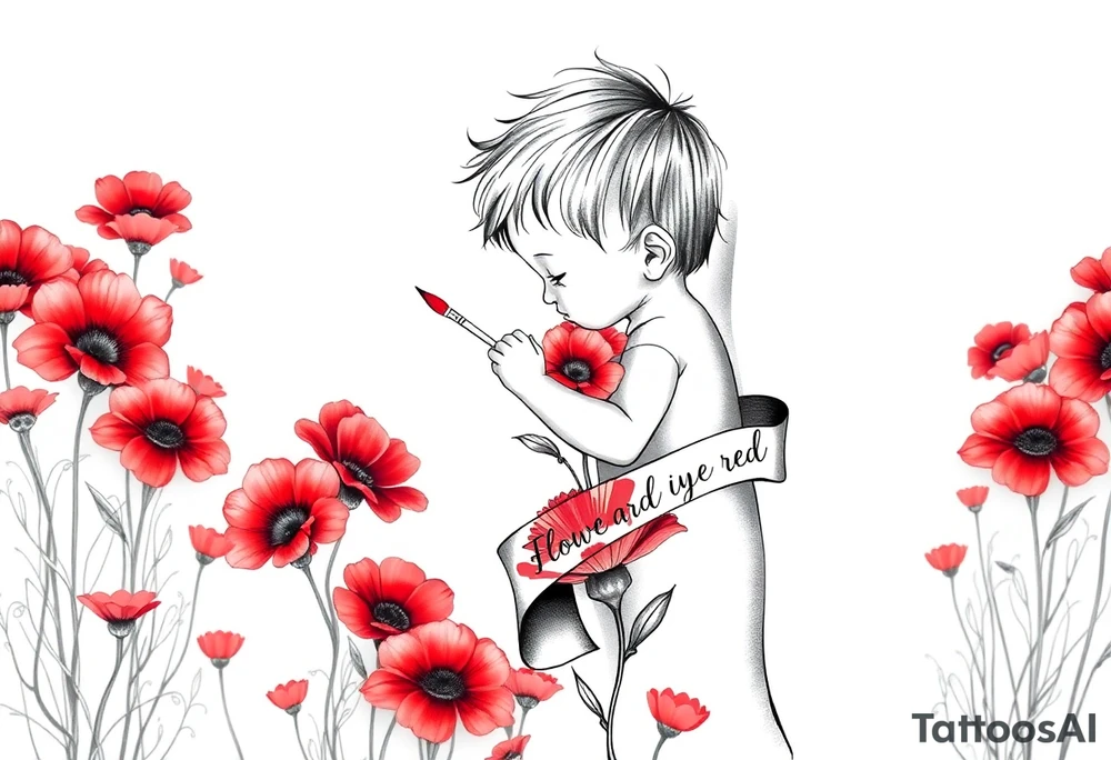A possible design could feature:
•	A small child holding a paintbrush, painting a vibrant flower among a field of uniform red flowers.
•	A contrast between one colorful flower and the rest being red, symbolizing creativity vs. conformity.
•	A flowing ribbon with the phrase "Flowers are Red" or "Think Beyond the Lines" in elegant script.
•	A mix of watercolor and sketch styles to highlight both freedom and rigidity. tattoo idea