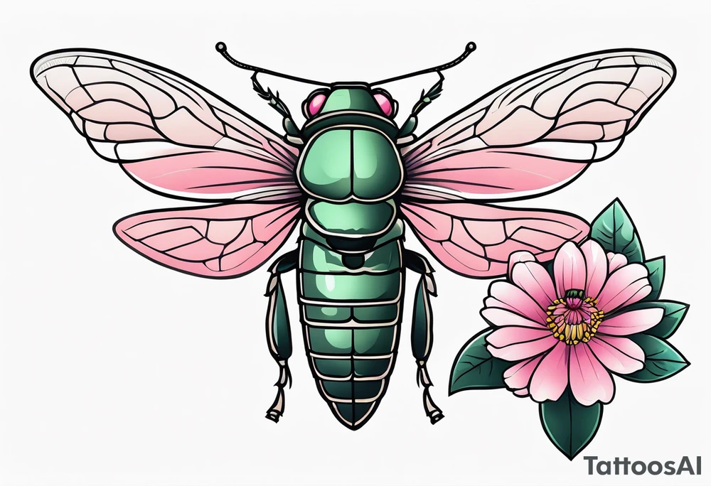 Neo traditional Cicada and pink flower tattoo idea