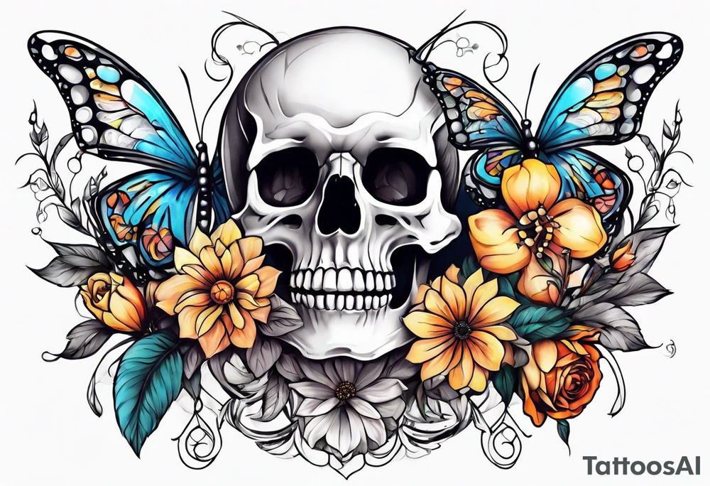 skeleton bones come alive flowers and butterflies tattoo idea