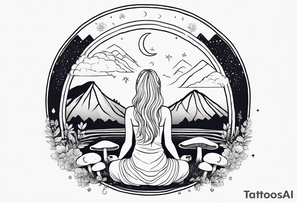 Straight blonde hair girl meditating facing away toward mountains surrounded by mushrooms crescent moon mandala circular design black and white striped dress tattoo idea