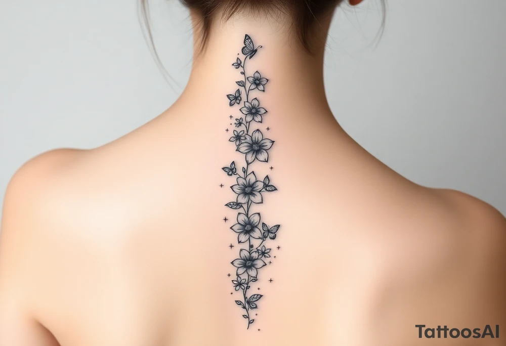 Flowers vertically down the spine surrounded by small butterflies and sparkles

Less flowers tattoo idea