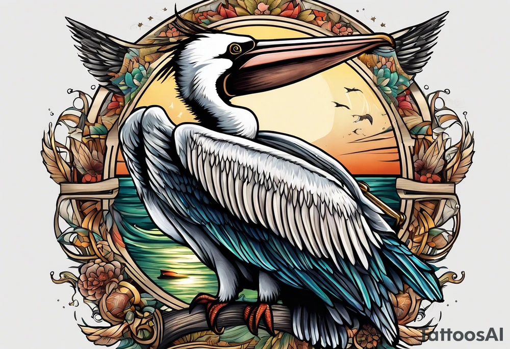 fishing tucked wings 
pelican tattoo idea