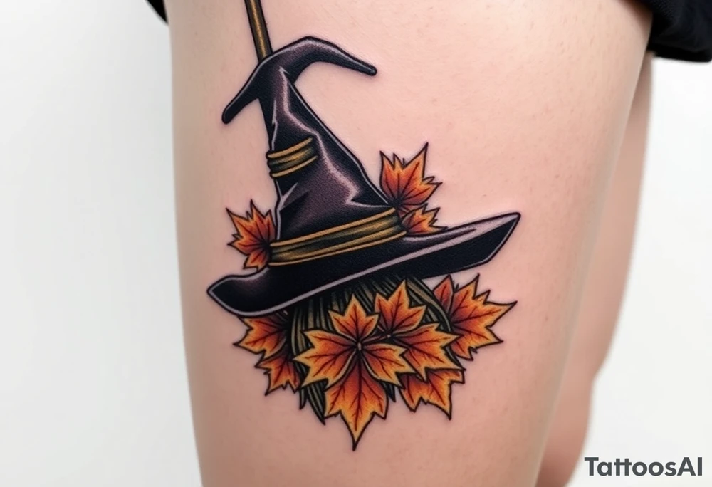 Which is broom with handle
 a witches hat with fall maple leaves tattoo idea