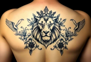 powerful majestic lion with a crown, surrounded by floral ornaments and birds tattoo idea