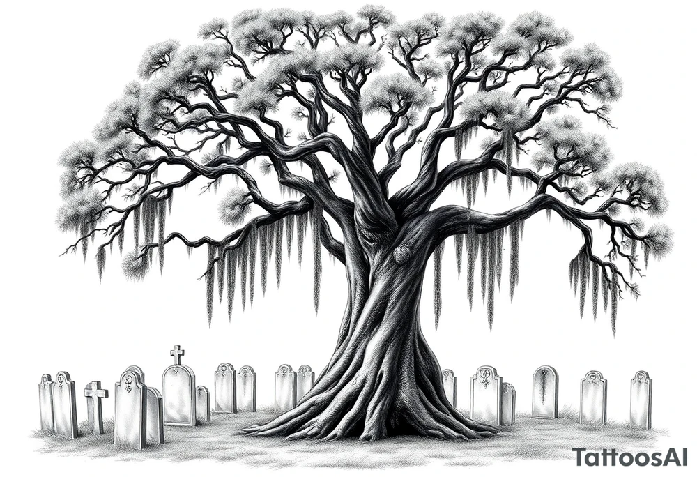 Oak tree with Spanish moss in a cemetery tattoo idea