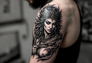 Athena goddess of war and wisdom on women’s upper arm tattoo idea