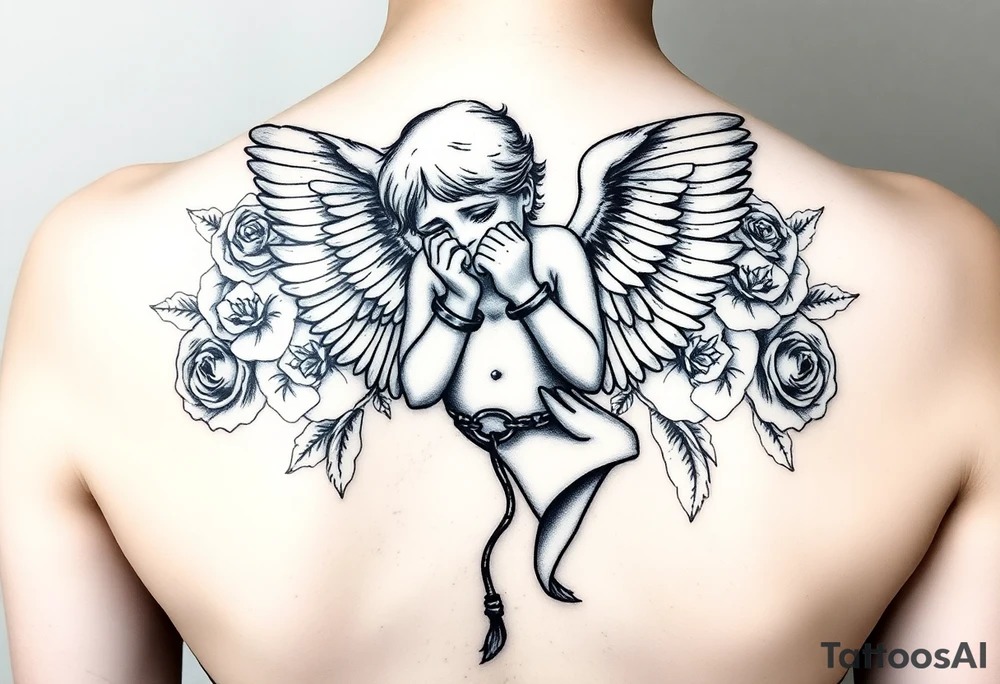 Crying angel handcuffed ,money notes, roses around all tattoo idea