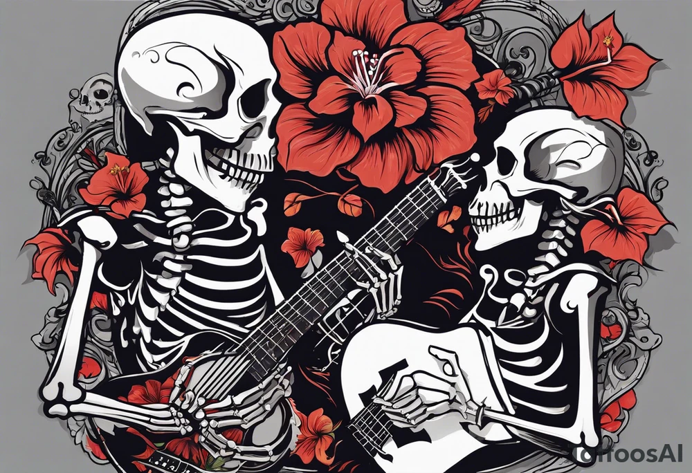 Generate a tattoo design featuring two skeletons: a female skeleton holding a hibiscus flower and a male skeleton playing a guitar. The scene should capture a moment of connection between the two, with the female skeleton attentively listening to the music played by the male skeleton. Emphasize the details of the hibiscus flower, the expressions on the skeletons' faces, and the fluidity of the music being played on the guitar. tattoo idea