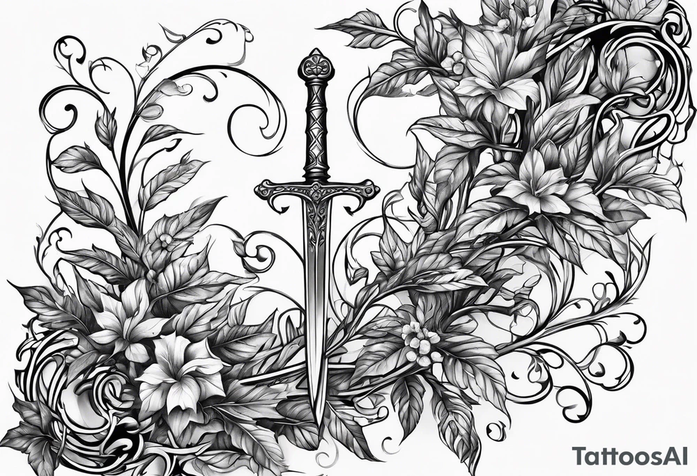 Leafy vines with sword tattoo idea