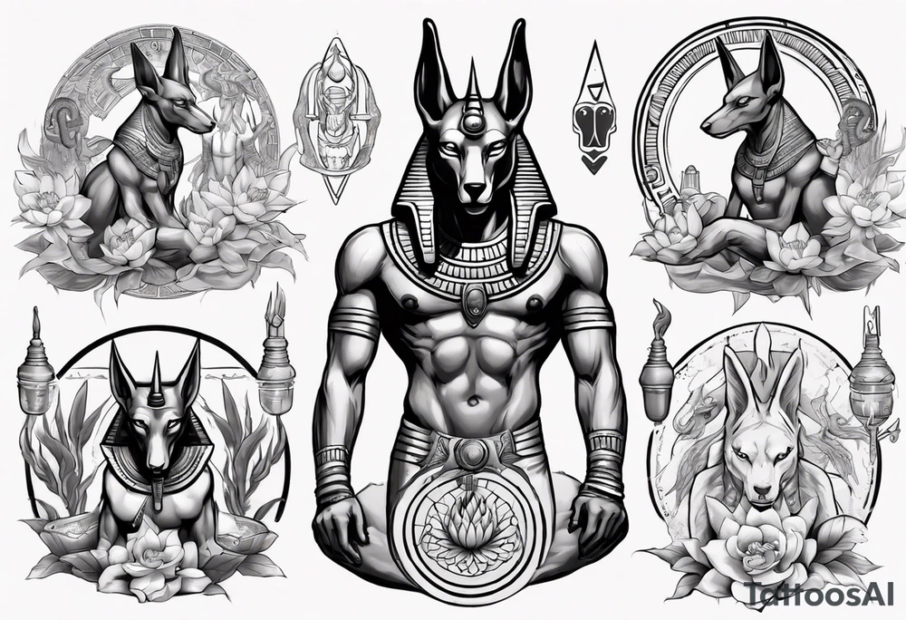 Egyptian god, Anubis surround by snakes with lotus flowers tattoo idea