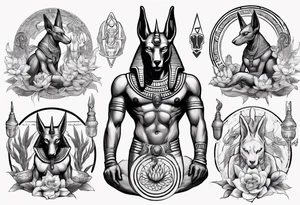 Egyptian god, Anubis surround by snakes with lotus flowers tattoo idea
