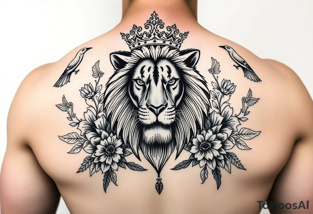 powerful majestic lion with a crown, surrounded by floral ornaments and birds tattoo idea
